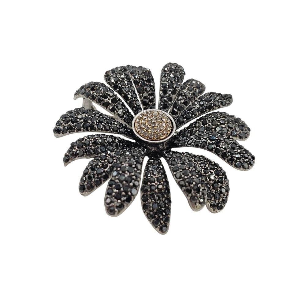Floral‎ Rhinestone Brooch Pin Dark Silver Tone Daisy Statement 2.75" Sparkle - Picture 7 of 13